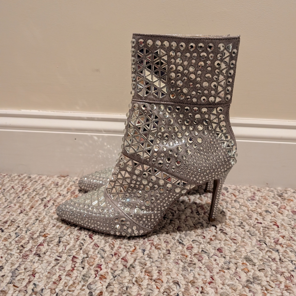 Elegant Silver Rhinestone Studded Women's Ankle Boots